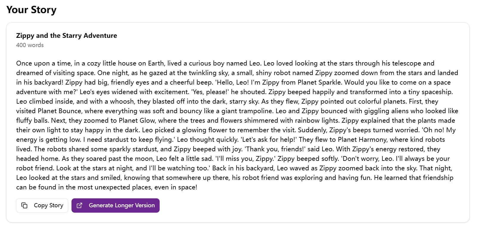 Middle School Story Generator demo output