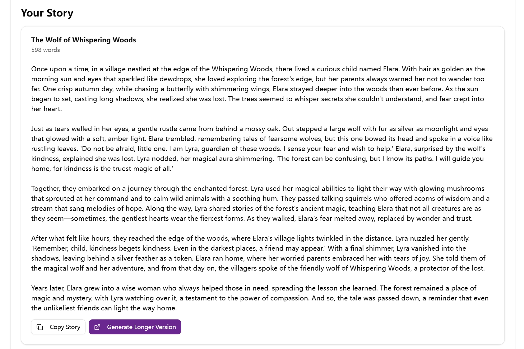 Fairy Tale Story Generator demo output