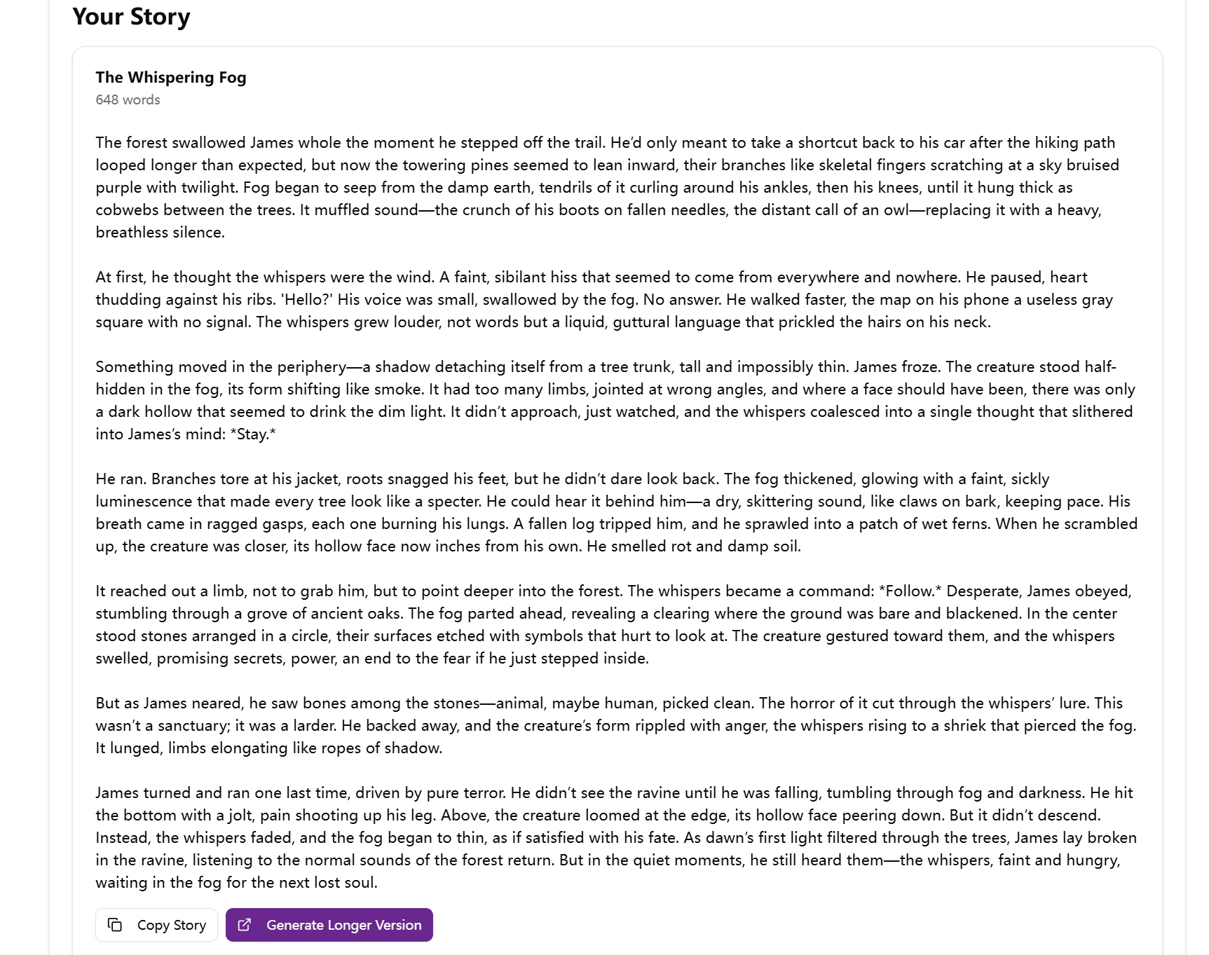 Horror Story Generator demo output
