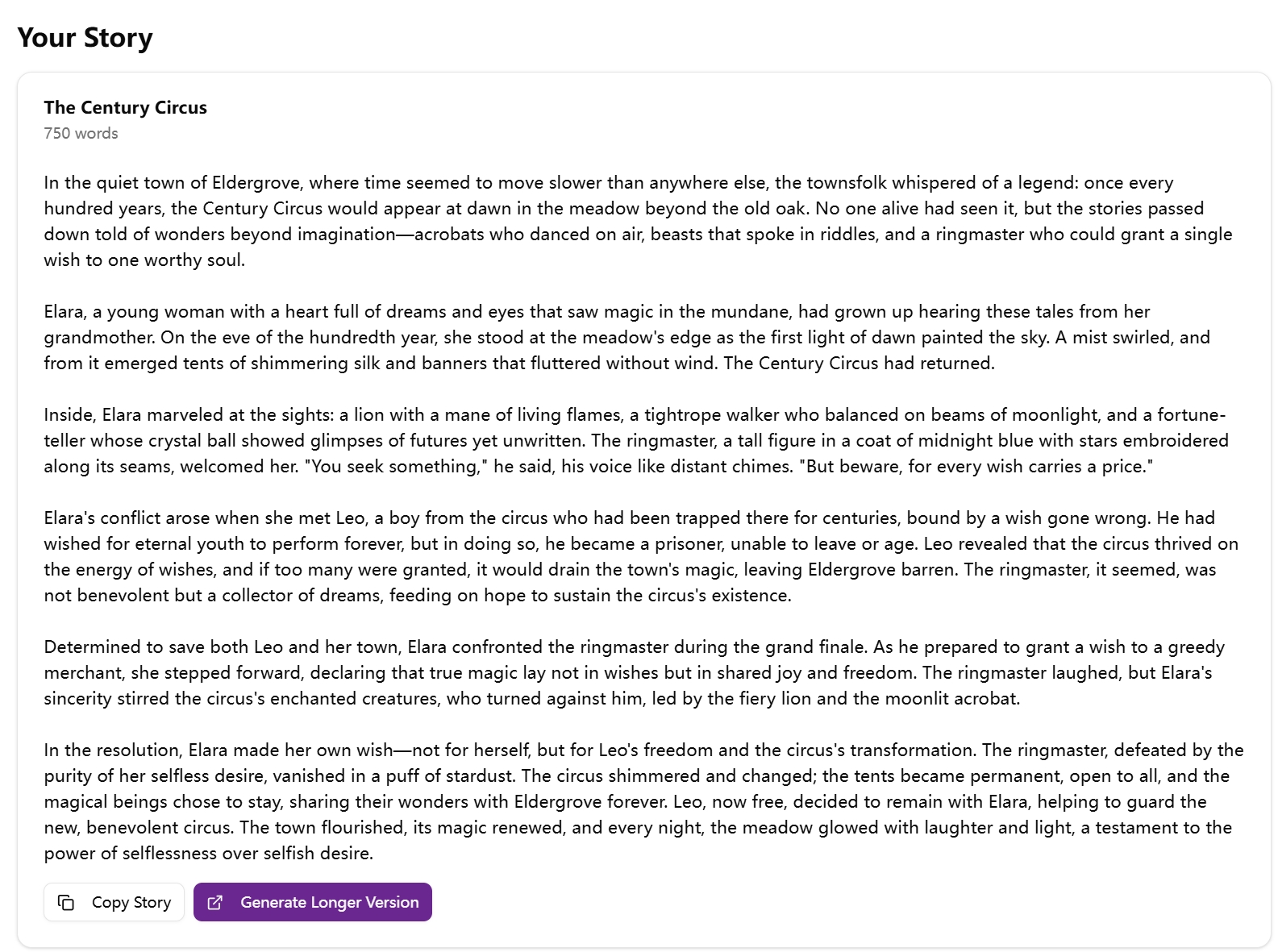Short Story Generator demo output